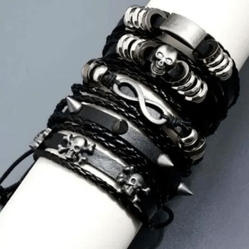 BLACK LEATHER SKULL INFINITY SPIKE BRACELET SET